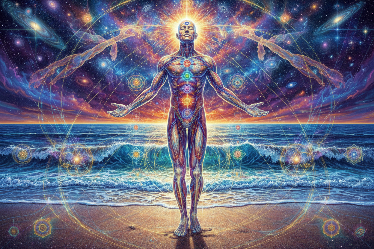 26 year old male on beach showing his energy in the style of alex grey