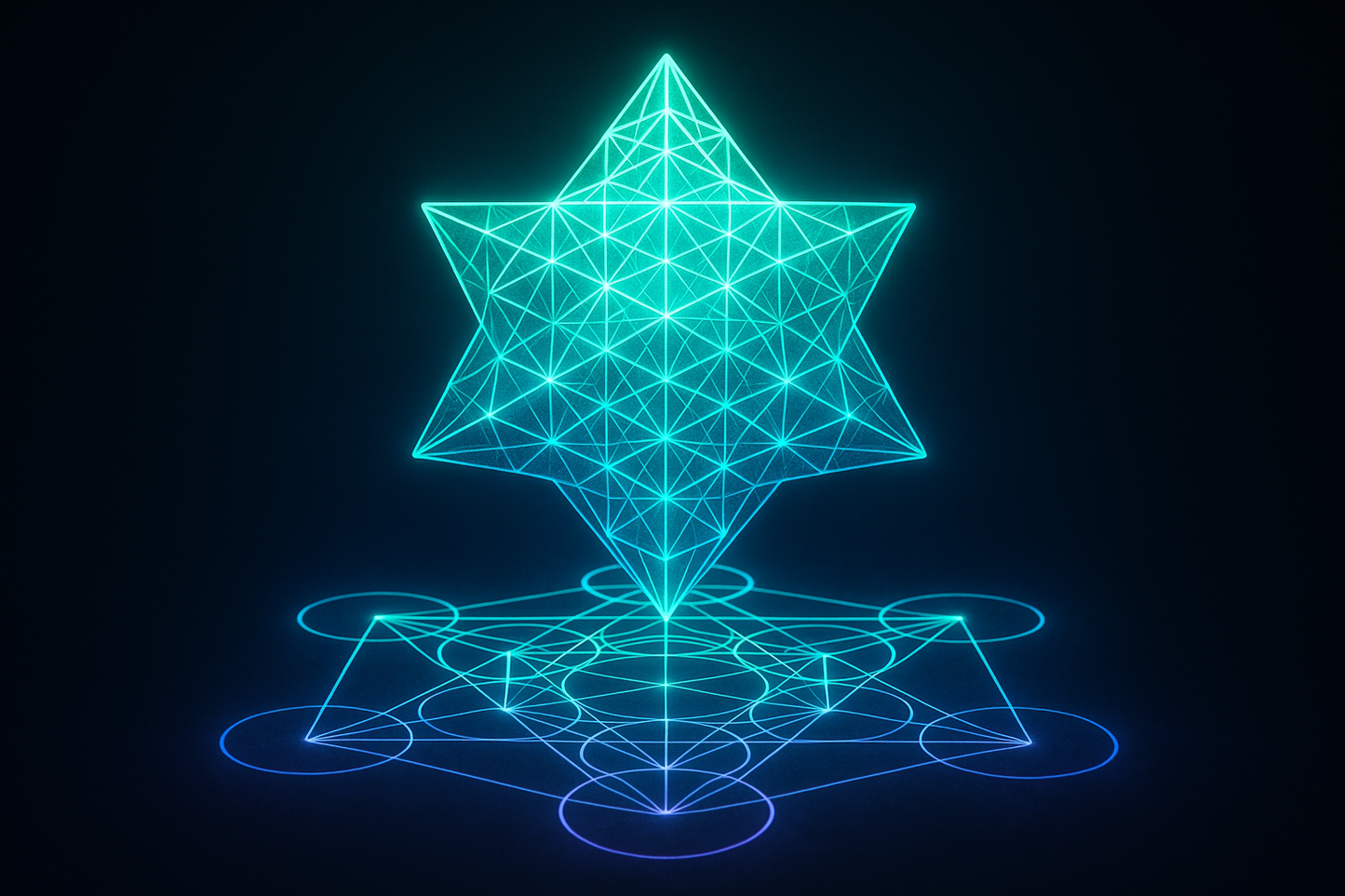 5d glowing gradiant teal to deep blue 64 tetrahedron sitting on a horizontal metatron's cube
