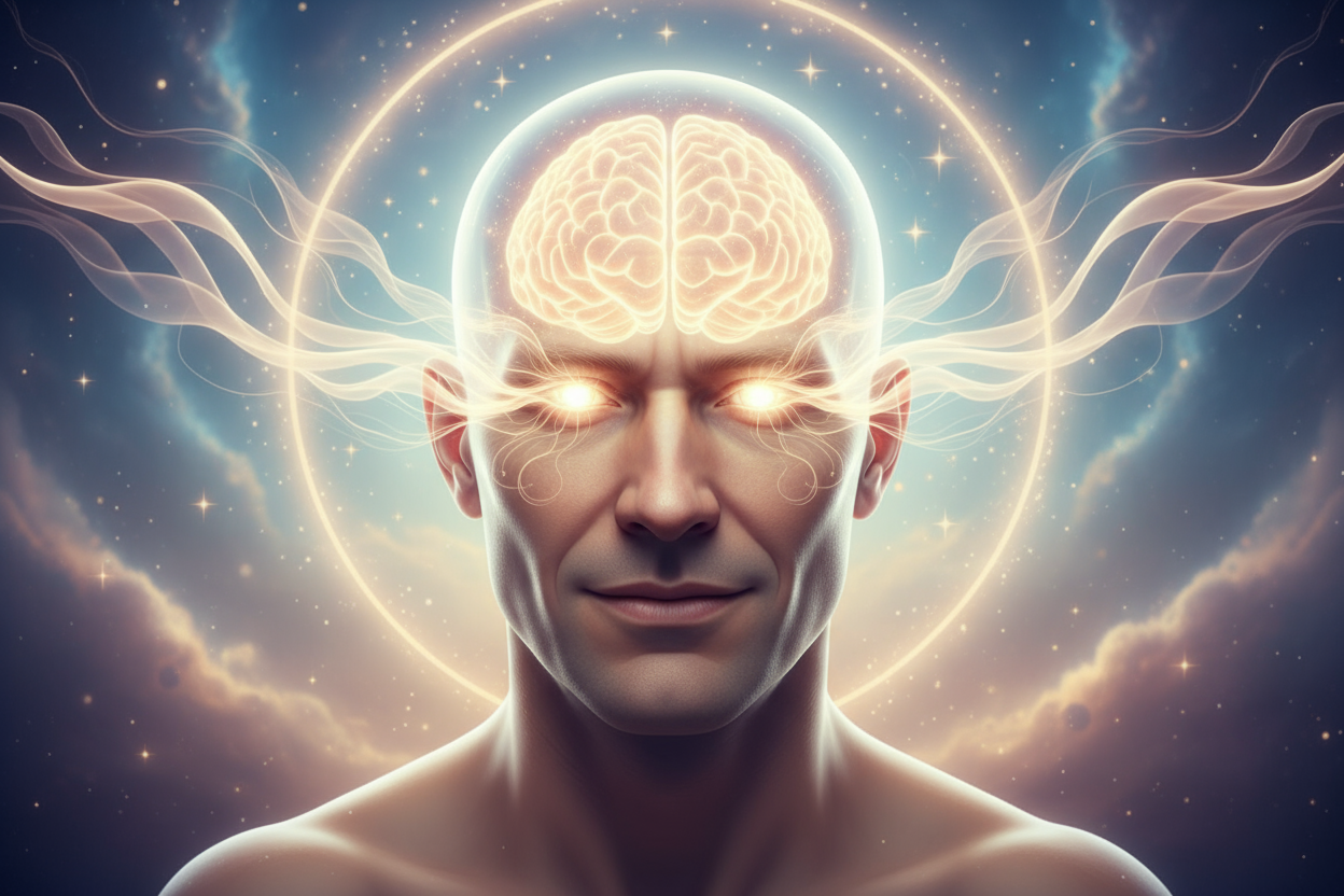 beautiful 40 year old mans head glowing eyes and glowing brain