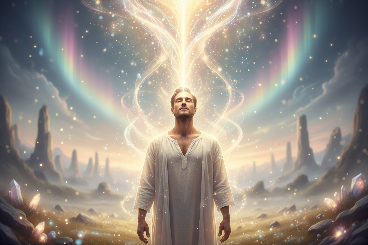beautiful man with huge beautiful glowing soul coming into his body from above his head