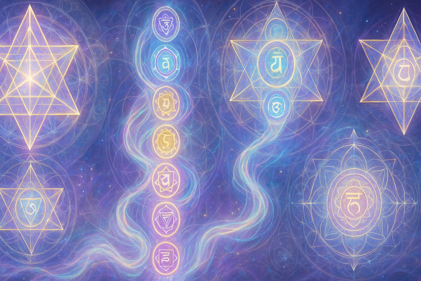 create a header banner size image with sacred geometry, merkabas, pleiadian star constellation, energy healing and 5d art