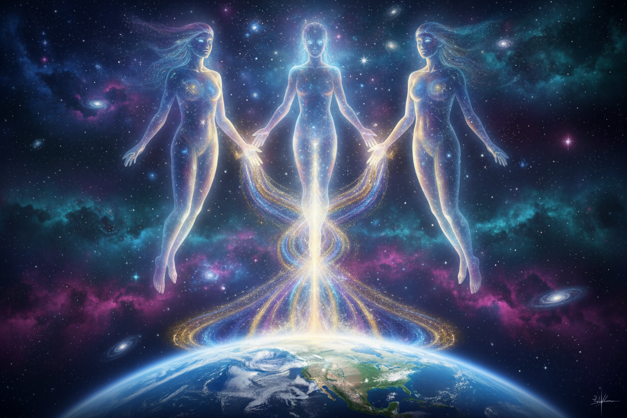 glowing pleiadian guides sending healing energy to earth