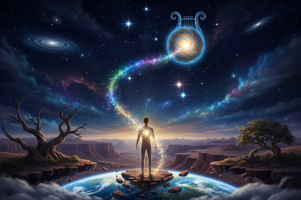man standing on earth with energy line connecting him to a planet in the lyran constalation