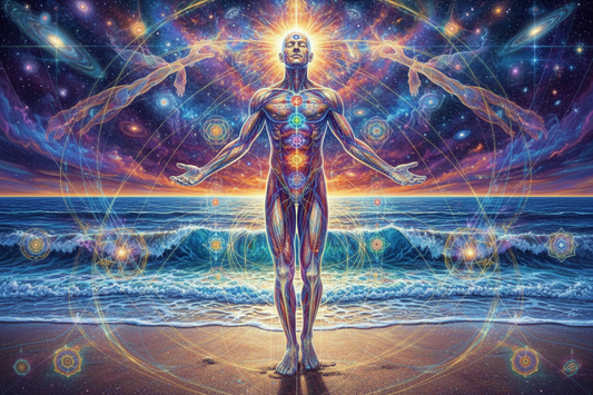 26 year old male on beach showing his energy in the style of alex grey