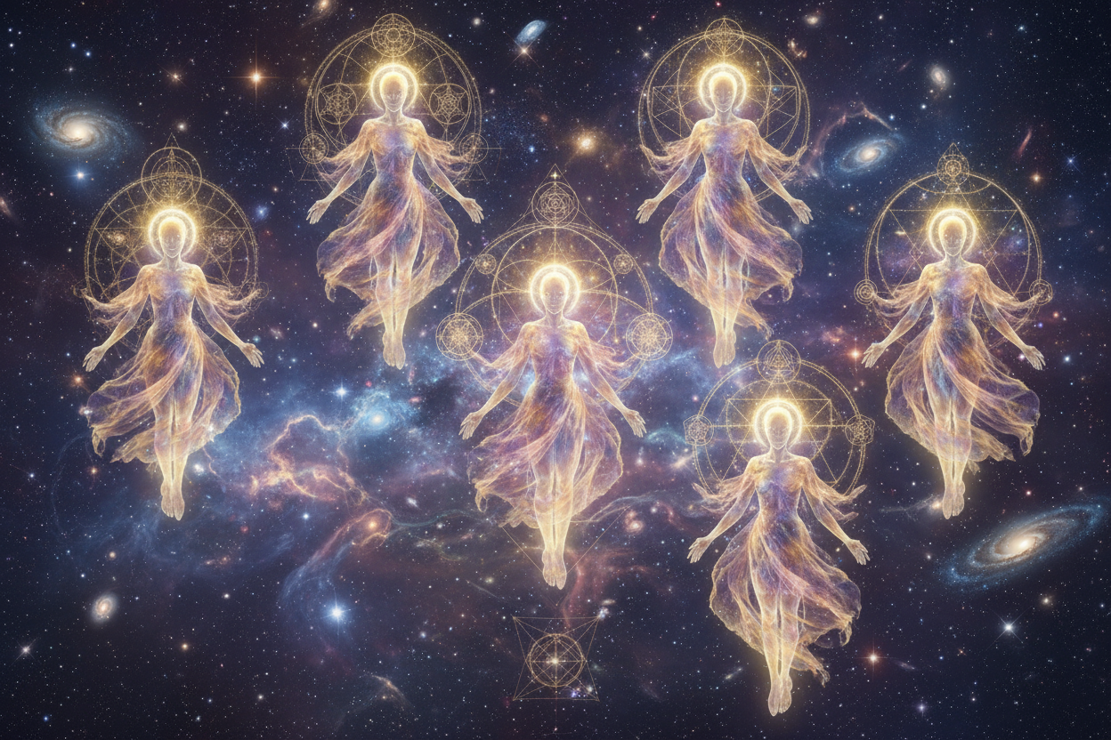 5d glowing ascended masters in space