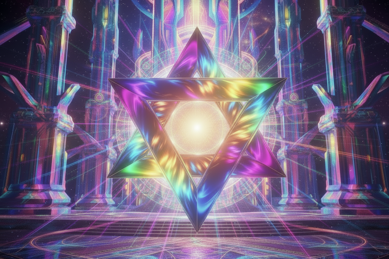 add glowing merkabas inside circles to the temple walls