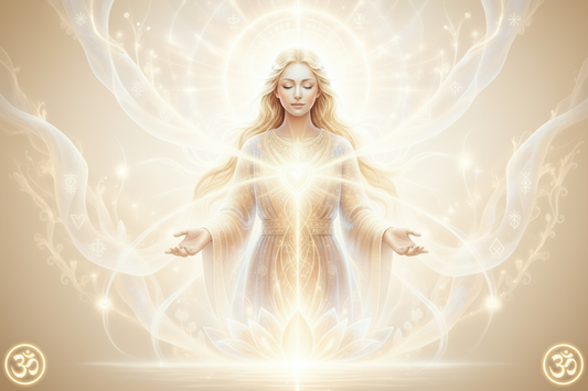 add glowing Om symbols inside circles in the two bottom corners