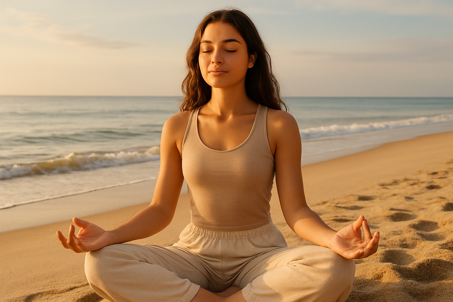 beautiful 22 year old woman meditating on the beach