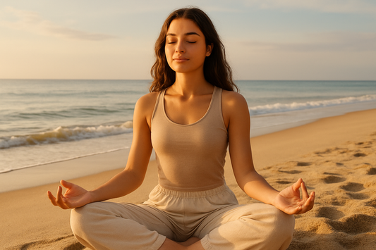 beautiful 22 year old woman meditating on the beach