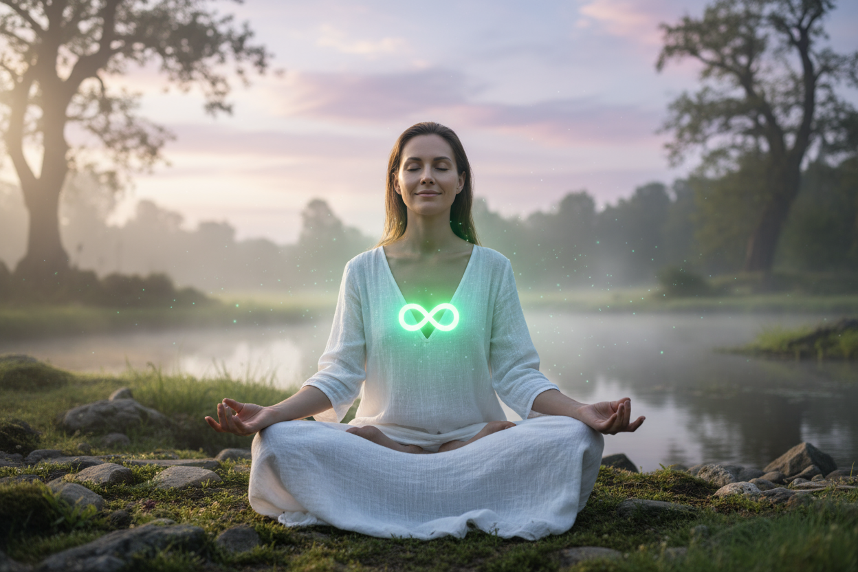 beautiful 25 year old woman meditating with big glowing green infinity symbol centered between her breasts
