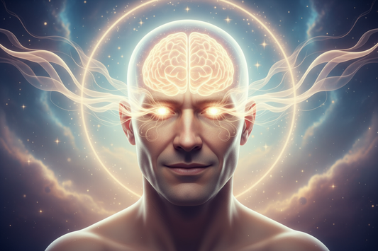 beautiful 40 year old mans head glowing eyes and glowing brain