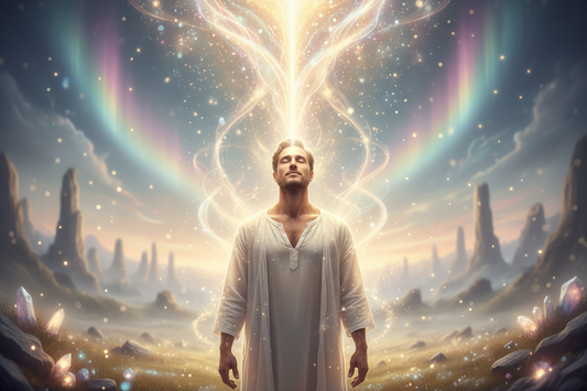 beautiful man with huge beautiful glowing soul coming into his body from above his head
