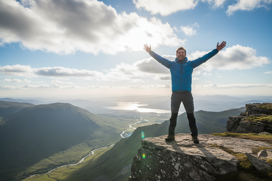 joyful man standing on cliff with arms stretched out high