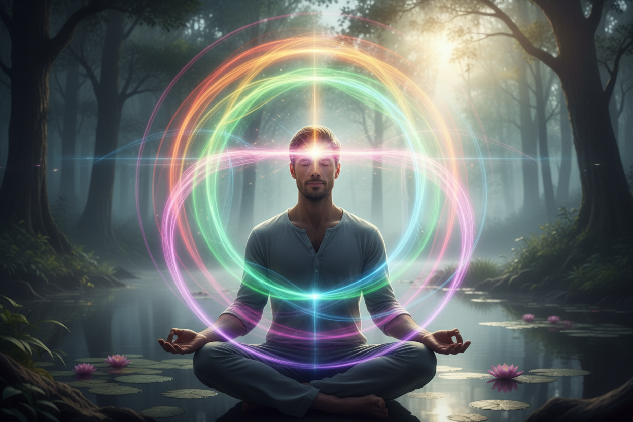 man meditating with glowing rainbow colored energy coming from his 3rd eye