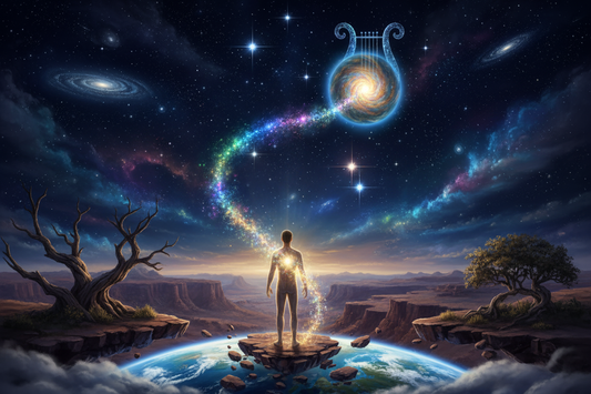 man standing on earth with energy line connecting him to a planet in the lyran constalation
