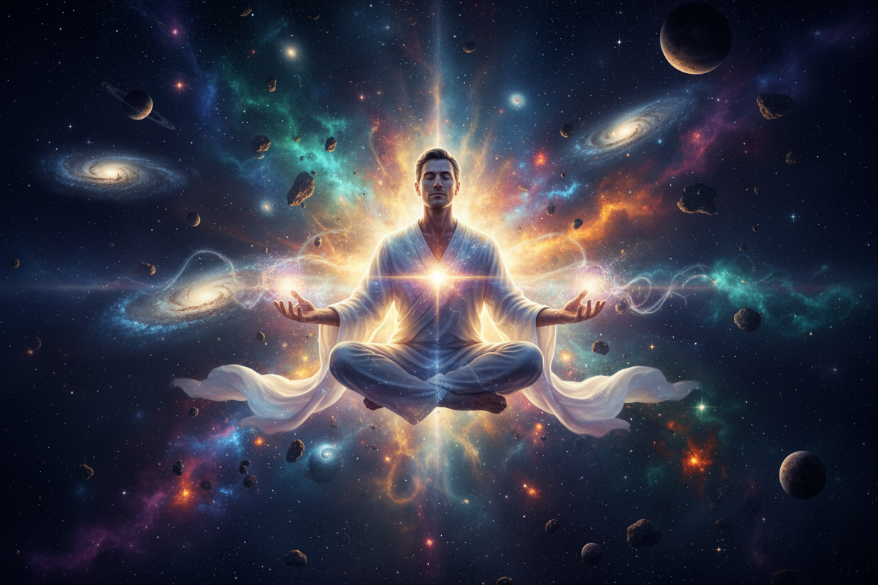 man with glowing energy meditating in space